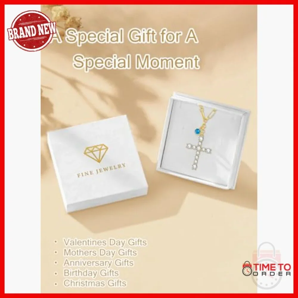 14K Gold Plated Cross Birthstone Necklace Adjustable Chain Pendant Jewelry